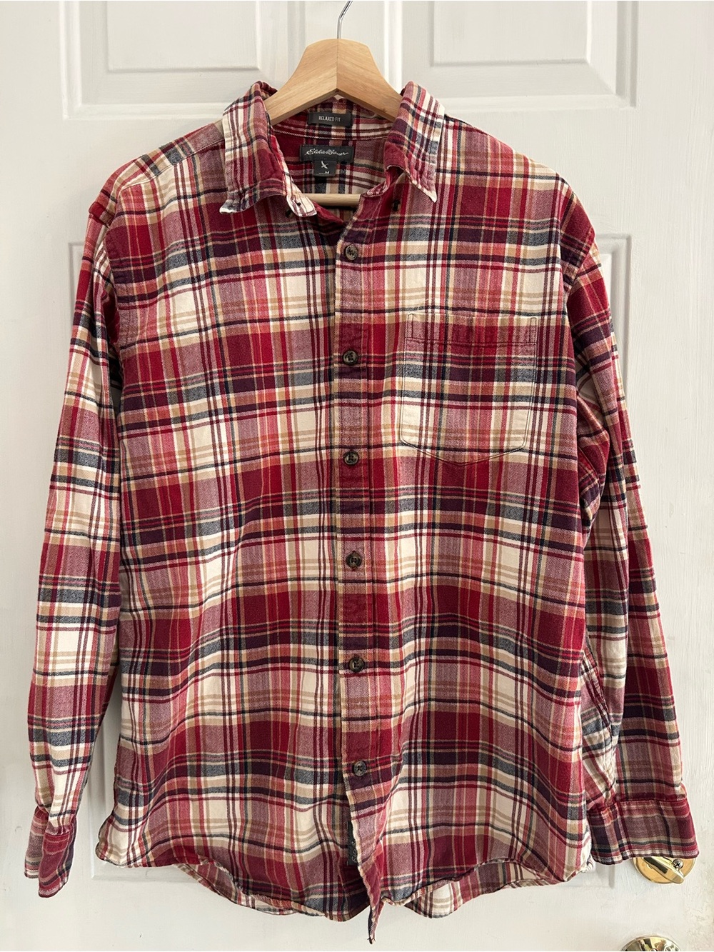 Eddie Bauer Men’s Red and Cream Plaid Button-Down Shirt